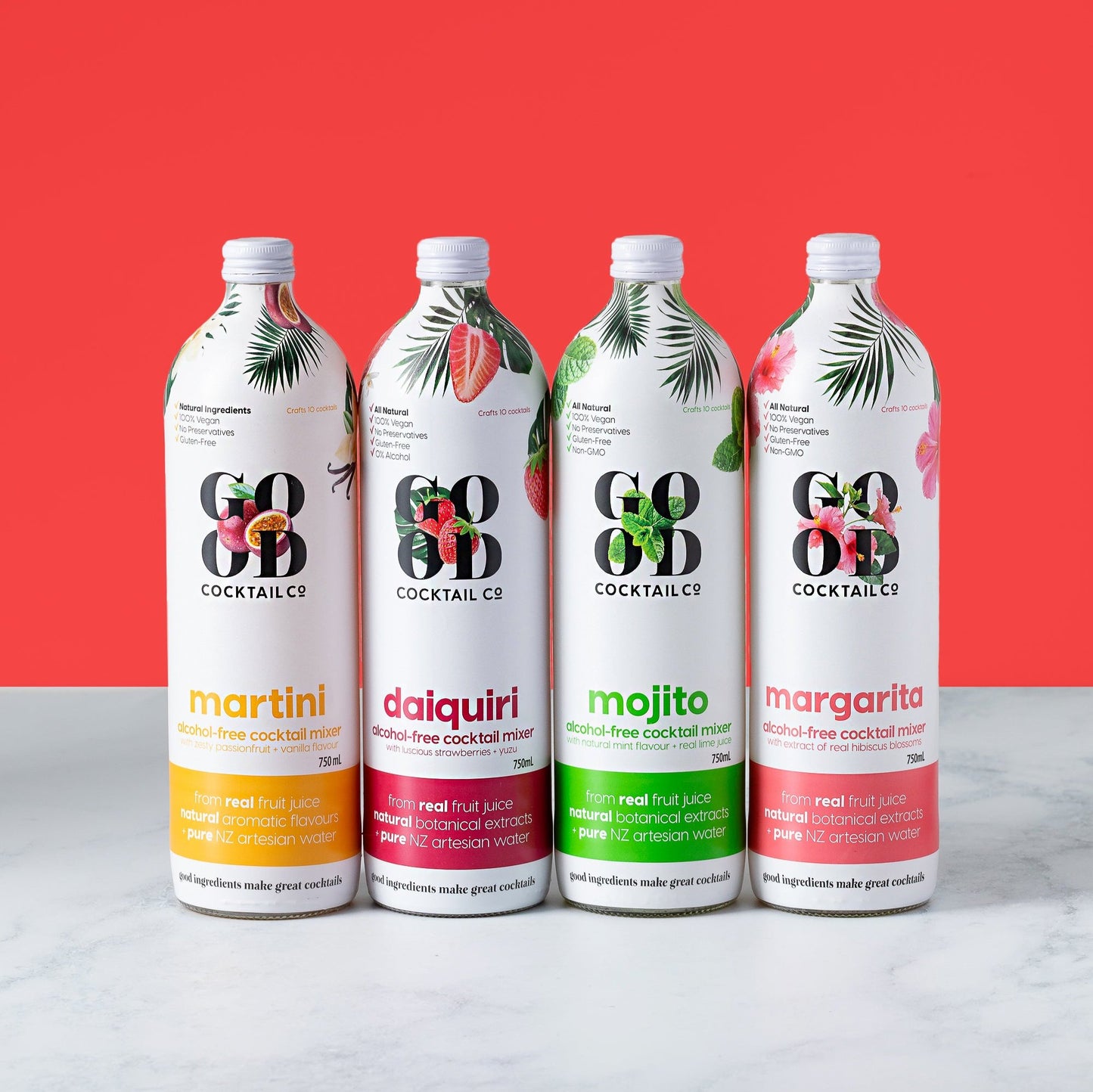 All 4 cocktail flavours of good cocktail mixers (martini, daiquri, mojito and margarita