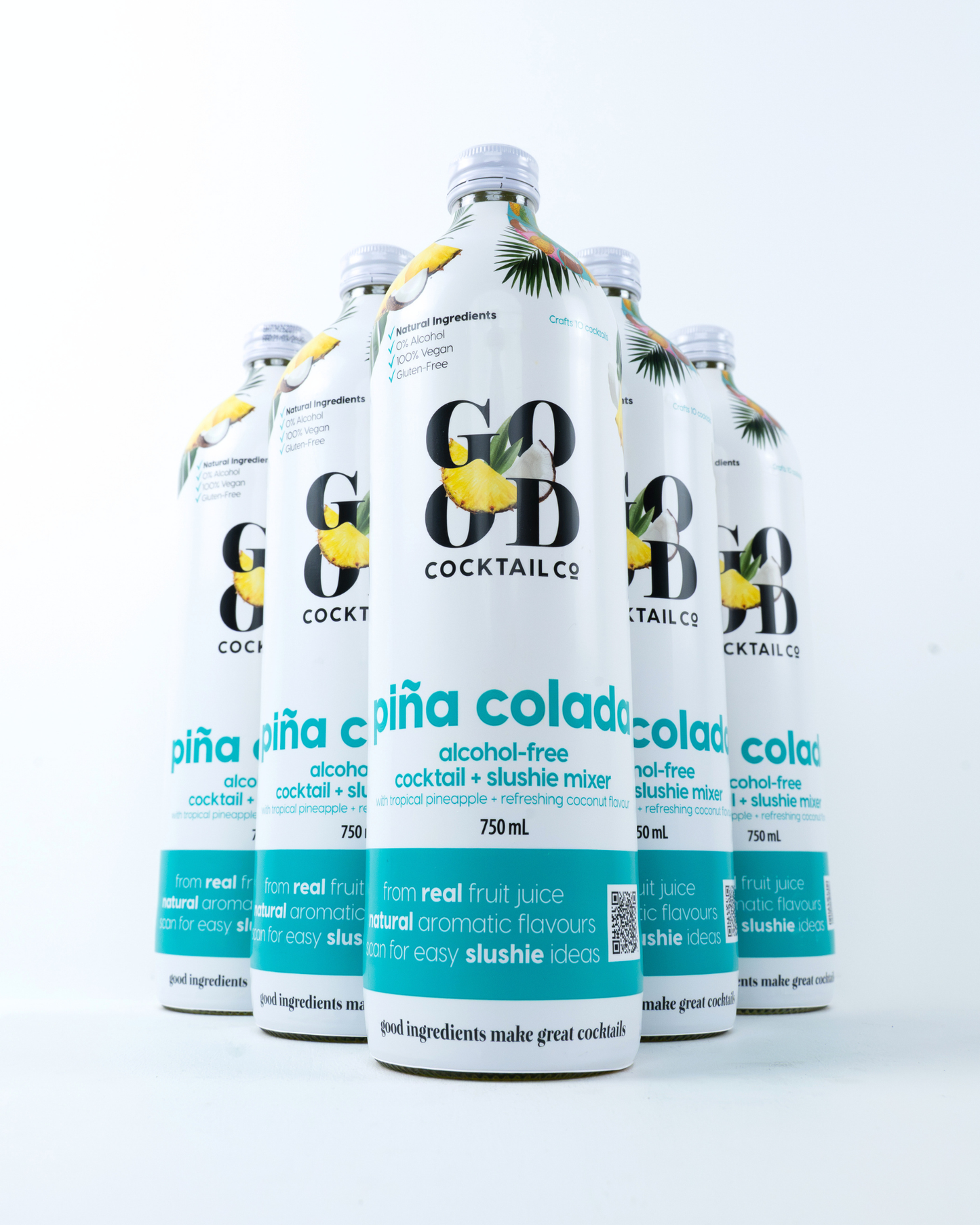 Six bottles of Good Cocktail Co. Piña Colada (alcohol-free cocktail + slushie mixer) arranged in a neat diagonal row on a clean white background.